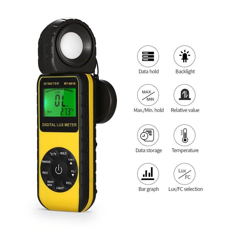 BTMETER BT-881E Digital Illuminance/Light Meter, Measure Lights 0.01~300,000 Lux (0.01~30,000 FC) Foot Candles, Par Meter Luxmeter for Plants Aquarium Light Tester - Image 3